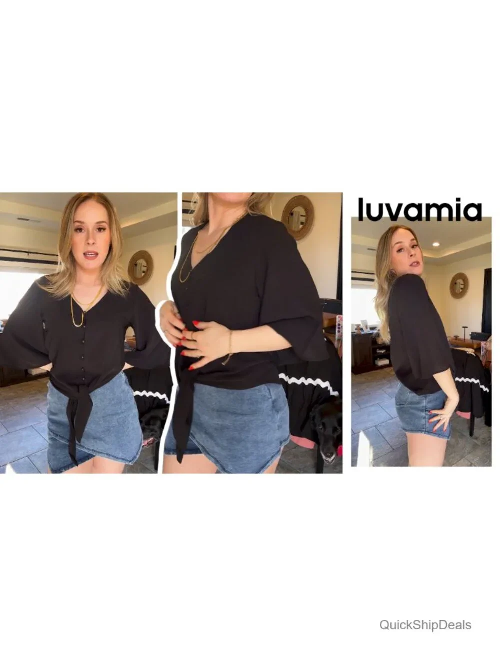 V Neck 3/4 Sleeve Tie Knot Blouse Button Down Shirt